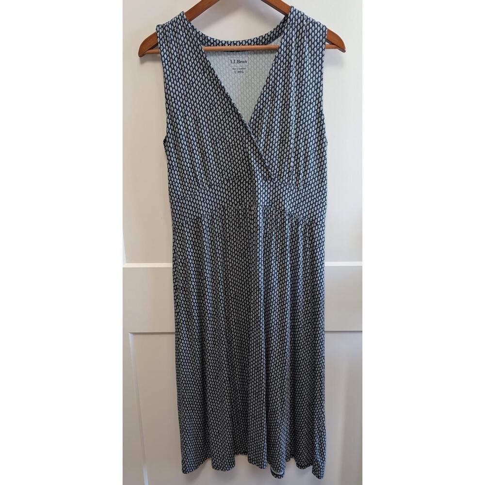 L.L.Bean Sleeveless Faux Wrap Knit Dress Black White Geo Print Size Large - Picture 2 of 5